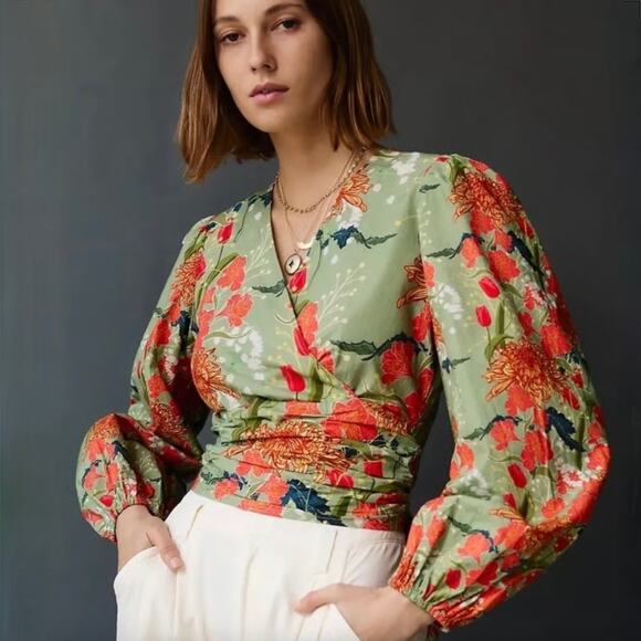 Anthropologie Conditions Apply Trinia Wrap Top Tie-Back Blouse - Green - Size L - Picture 1 of 8
